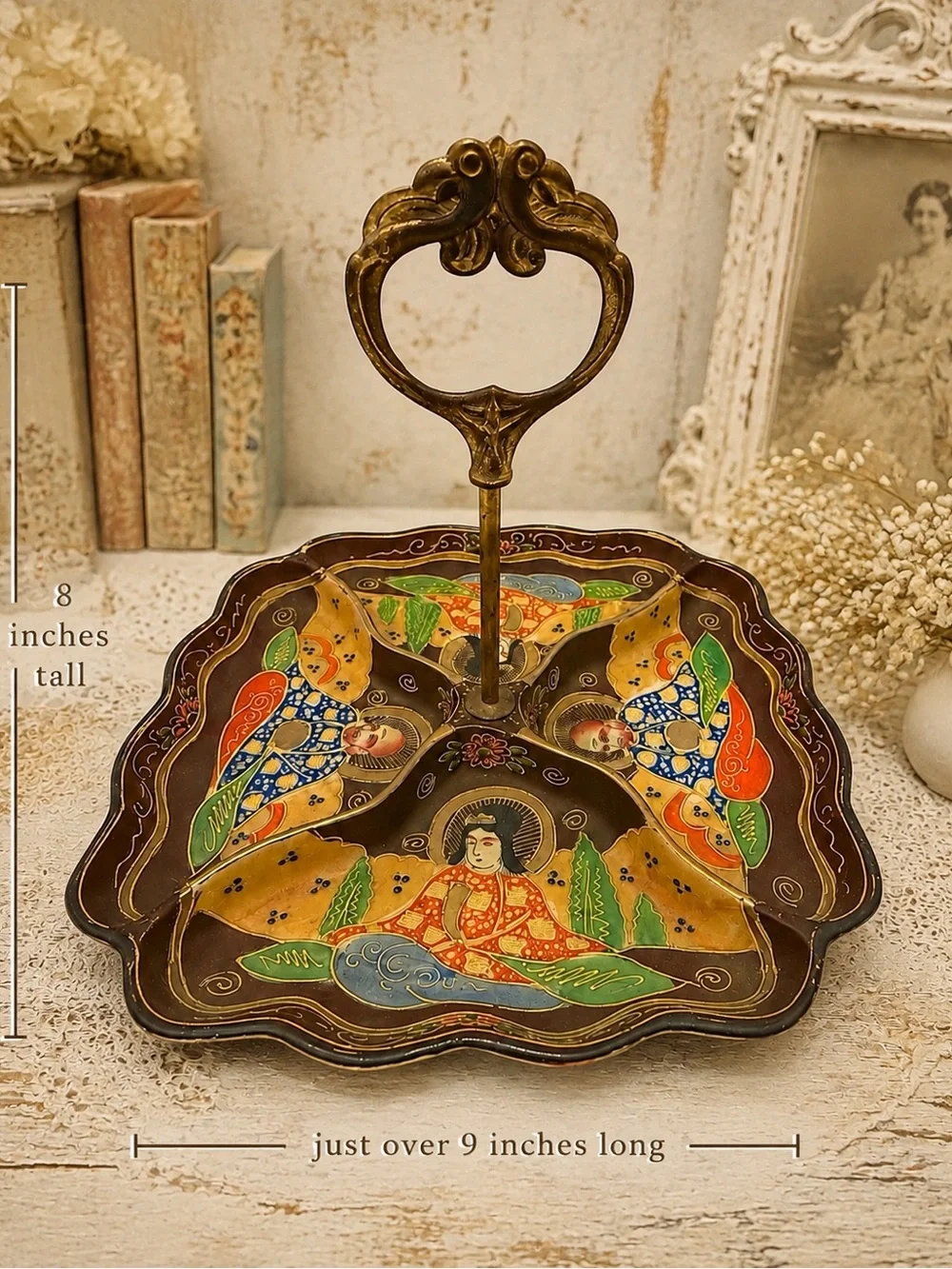 Vintage Japanese Satsuma Style Figural Divided Relish Tray Metal Handle